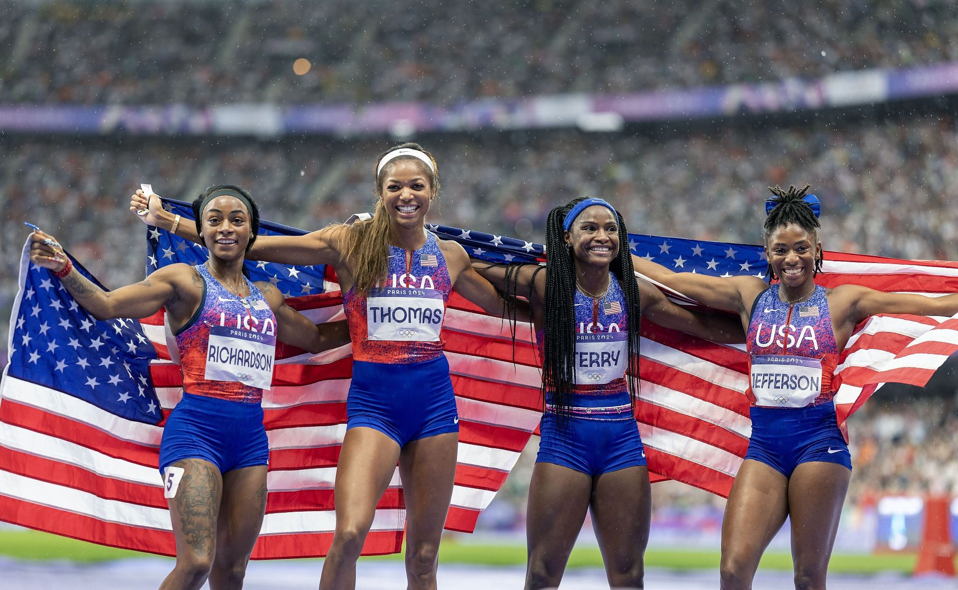 Sha'Carri Richardson, Gabby Thomas, Terry, and Mellisa Jefferson at the Paris Olympics (Image Source: Getty)